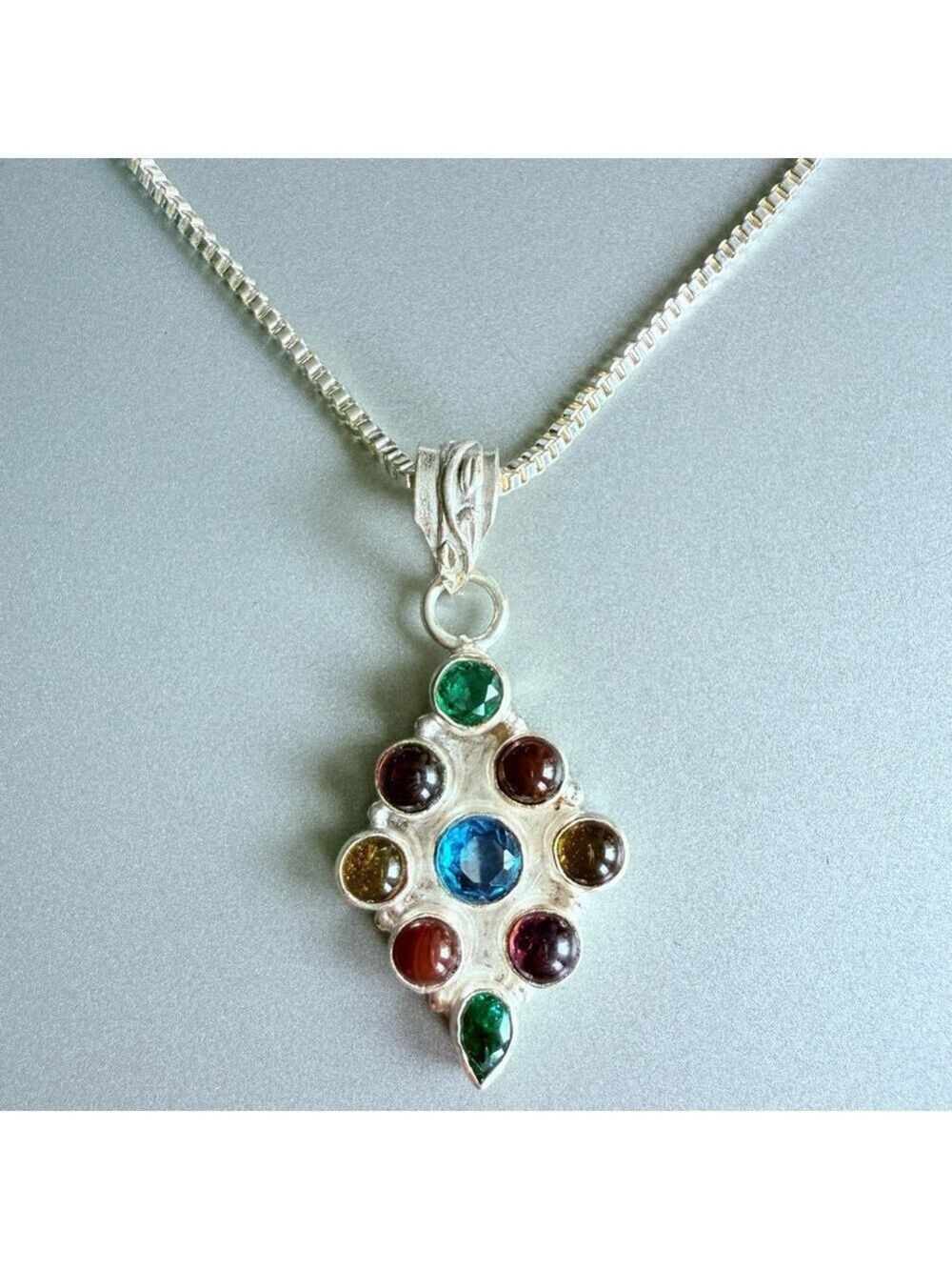 Multi Color Cubic Zirconia Sterling Silver Rhombus Pendant Chain Necklace